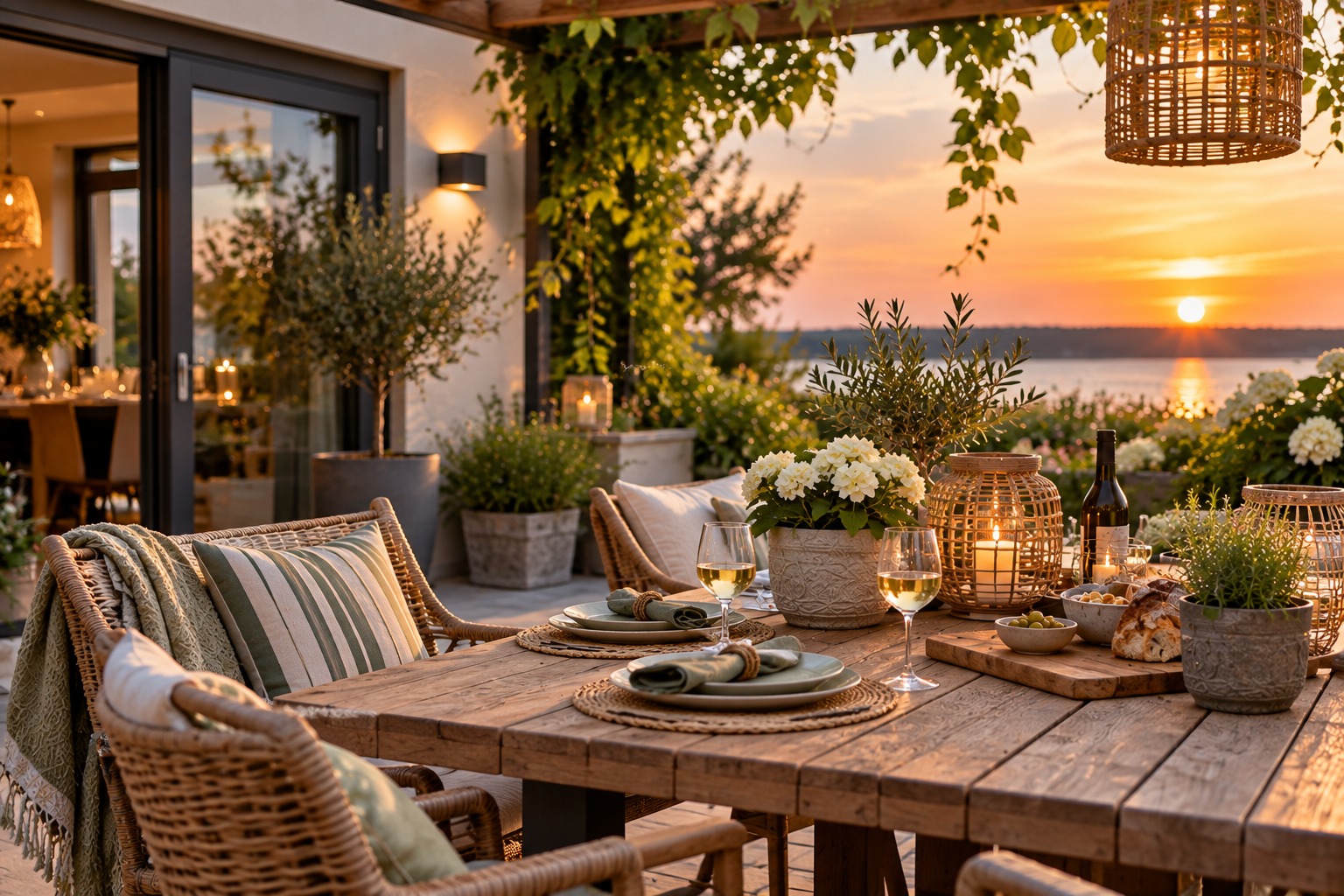 Sfeervol terras met planten en tuinmeubelen